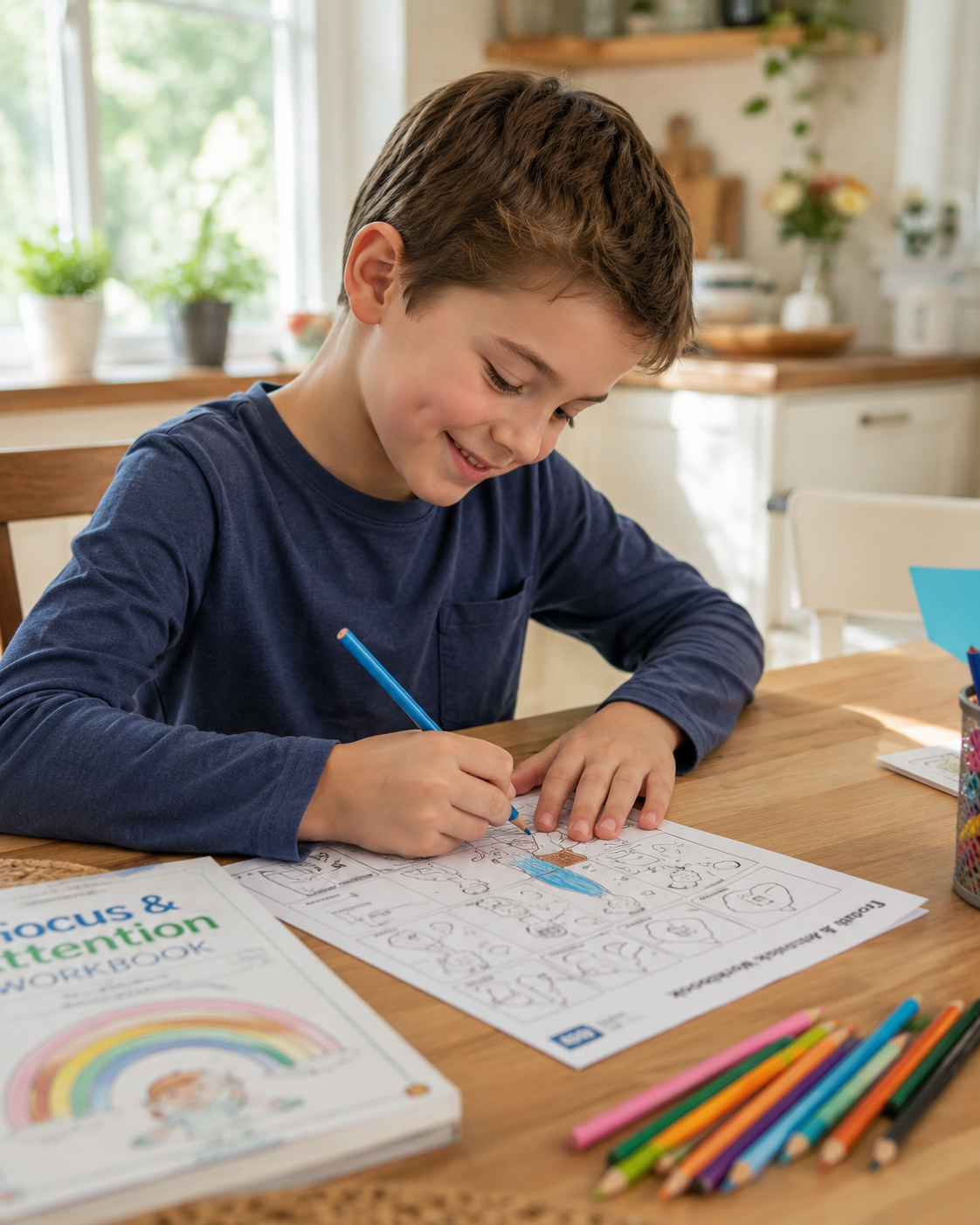 Nene sonriendo mientras completa una hoja de actividades de NeuroKids en la mesa de la cocina