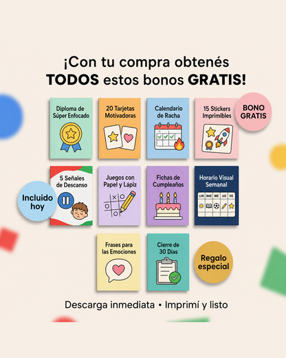 Los 10 bonos gratis que incluye NeuroKids: diploma, tarjetas motivadoras, calendario de racha, stickers, guia de descanso, juegos con papel y lapiz, fichas de cumpleanos, horario visual, frases para emociones y cierre de 30 dias